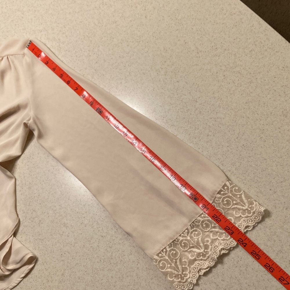 Jealous Tomato Tan Semi-Sheer Wrap Blouse with Lace Cuffs Women Size Small - Picture 9 of 11